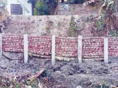 সড়কের গাইডওয়াল নির্মাণে কলাগাছের ওপর ইটের গাঁথুনি!